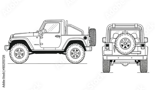 Off road vehicle technical drawing side and rear view classic suv blueprint with spare tire silhouette