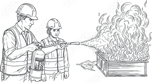 A scene showing two workers using a fire extinguisher on flames in a black and white vector illustration, ideal for safety training materials