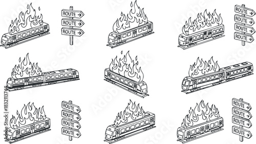 A set of trains on fire with flames and directional route signs in black and white outline vector style, suitable for creative projects and emergency illustrations