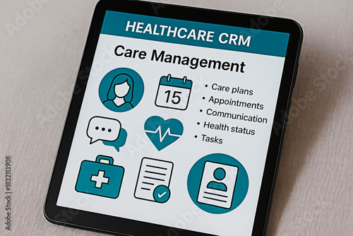 Healthcare CRM on tablet for the concept of Technology and healthcare services.