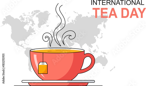 International Tea day vector background with teacup colorful drawing art illustration, border, banner with lettering international tea day. Illustration with slogan for print, banner, flyer, poster.