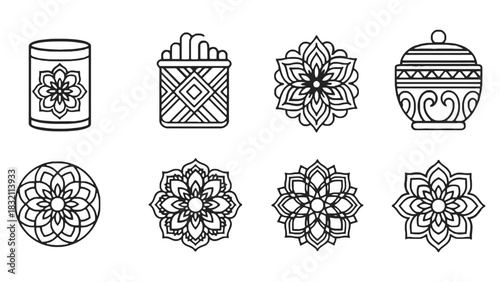 Various line art designs featuring flowers and containers in black and white