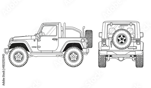 Off road vehicle outline drawing with front and side views ideal for automotive design projects featuring a distinctive silhouette style silhouette