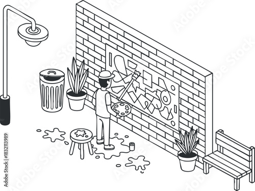 An artist creating graffiti art on a wall in minimalist black and white vector style, suitable for creative projects and urban design themes