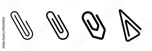 Paper clip icon set. Office paper clip in black. School supplies. Stationery elements. Vector Illustration isolated on white background.