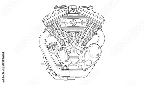 Detailed motorcycle engine blueprint style illustration on white background perfect for technical drawings and automotive designs featuring a clean silhouette