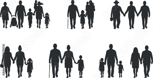 A collection of diverse family silhouettes walking together in black and white vector style, perfect for family-oriented designs and illustrations