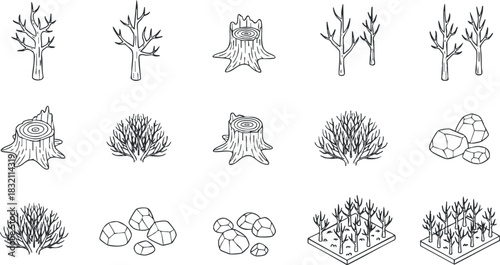 A collection of various tree types, stumps, rocks, and bushes in clean outline vector style, ideal for nature-themed designs