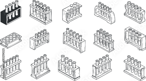 A collection of test tube racks with various test tubes in outline minimalist vector style, suitable for educational and scientific projects