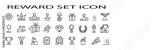 reward set of web icons in line style, featuring gift, trophy, recognition, reward program, medal, bonus, and other prize concepts, presented with an editable stroke for flexible digital design use.