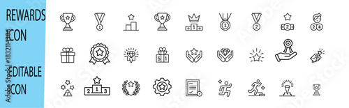 reward set of web icons in line style, featuring gift, trophy, recognition, reward program, medal, bonus, and other prize concepts, presented with an editable stroke for flexible digital design use.
