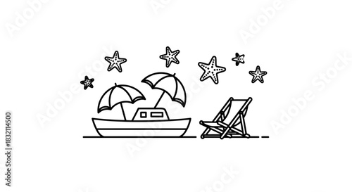 Summer vacation beach scene with boat and beach chair outline