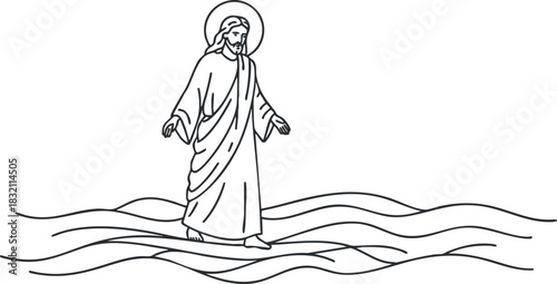 A line art illustration of Jesus walking on water in minimalist style, suitable for religious and spiritual themes