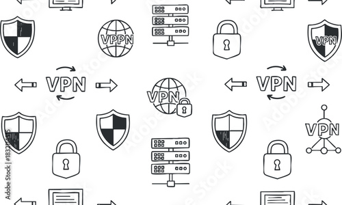 A collection of VPN icons including shields, locks, servers, and globe in flat outline vector style, ideal for technology and security-themed projects