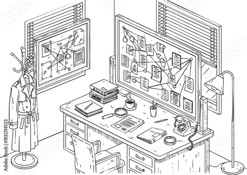 An isometric illustration of a workspace featuring a desk with documents, a lamp, and a coat rack, ideal for design and organization themes