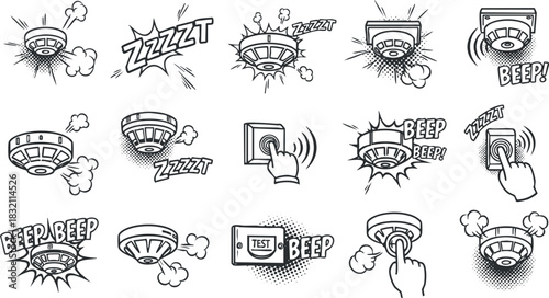 A collection of smoke detector icons with sound effects and test actions in black and white outline vector style, suitable for safety and emergency awareness projects