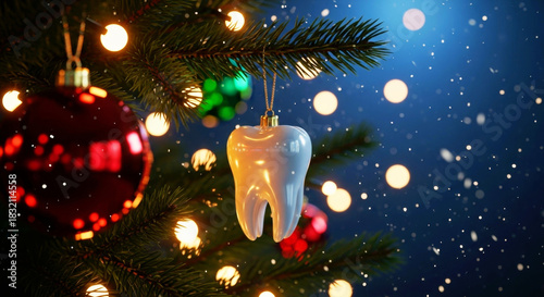 White tooth ornament hanging on a Christmas tree. Dental care and dentist holiday season promotion design for a greeting card and banner.