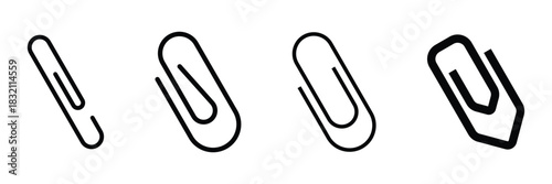 Paper clip icon set. Office paper clip in black. School supplies. Stationery elements. Vector Illustration isolated on white background.