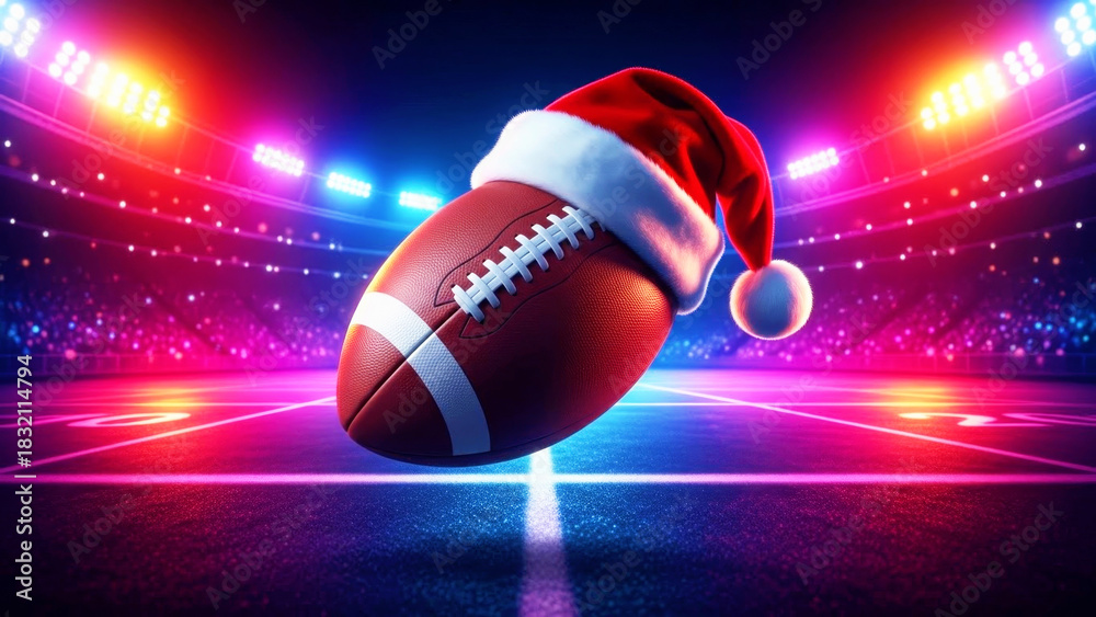 Obraz premium American football ball wearing a Christmas Santa hat on a brightly lit stadium field. Festive sports event and holiday celebration concept.