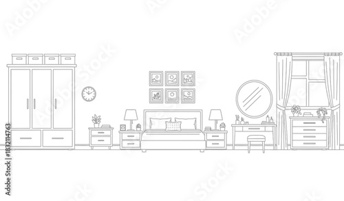 Bedroom interior design sketch with wardrobe bed and dressing table in black and white line art style minimalist home decor illustration silhouette