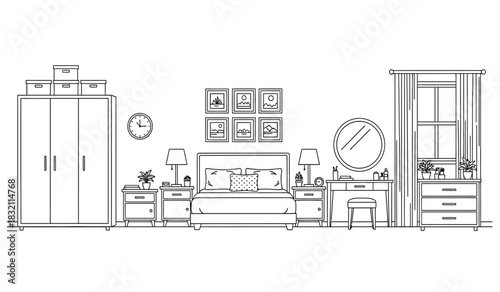 Bedroom interior design sketch with furniture bed wardrobe dressing table and nightstands in a minimalist style black and white silhouette