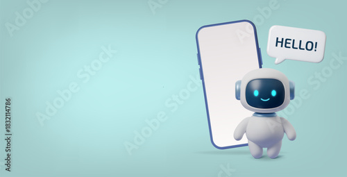 Cute 3D AI robot with smartphone and hello speech bubble. Friendly virtual assistant for chat, mobile apps, support services, technology concepts and modern digital communication