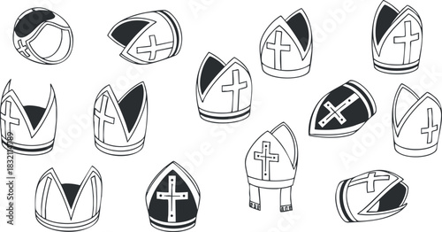 A collection of bishop hats with crosses in black and white outline vector style, suitable for religious themes and illustrations