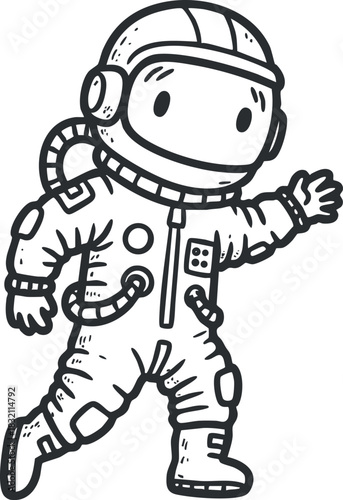 A cheerful astronaut character in a playful doodle style, perfect for children's illustrations and educational materials