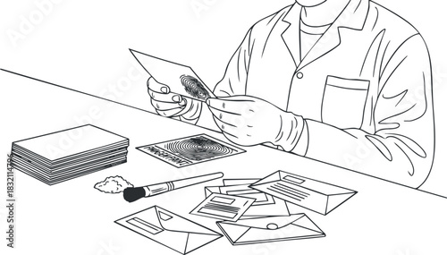 A forensic scientist analyzing fingerprints and documents in black and white outline vector style, ideal for crime investigation illustrations