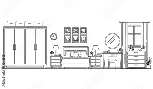 Bedroom furniture outline wardrobe bed vanity and drawers with decorative wall art in a clean minimalist silhouette style interior design silhouette