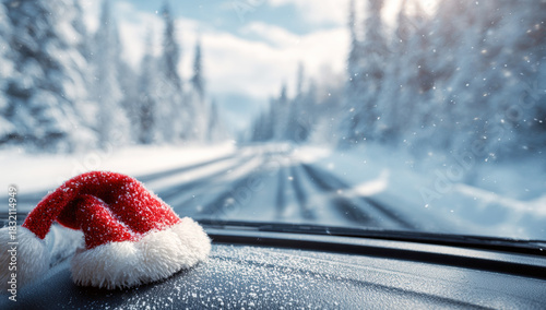 Santa hat resting on a car dashboard, with a snow-covered road and a winter forest fading into the distance