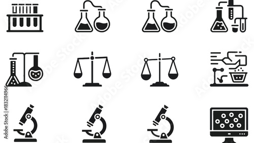 Collection of black and white science and lab equipment vector icons