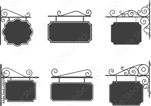 Vintage Hanging Signboard Vector Set. Ornamental Retro Shop Signs, Decorative Iron Frame Sign Plates, Classic Storefront Labels and Old-Fashioned Signage Silhouettes