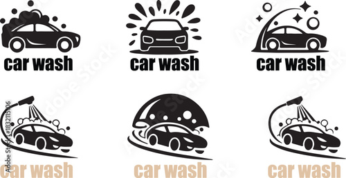 Silhouette vehicles get cleaned through soap bubbles, sprayer, and shiny circles, isolated on white