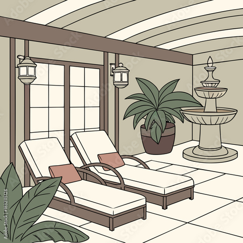 Relaxing outdoor patio with chaise lounges a fountain and lush plants under a covered ceiling