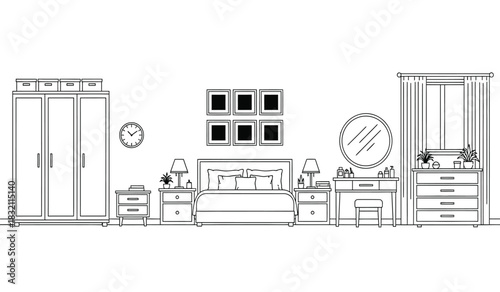 Bedroom interior design sketch with furniture arrangement including bed wardrobes dressing table and wall decor presented in a clean silhouette style silhouette