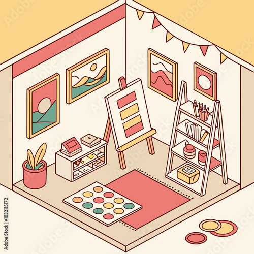 Cozy isometric art studio with easel paintings bookshelf and twister game board