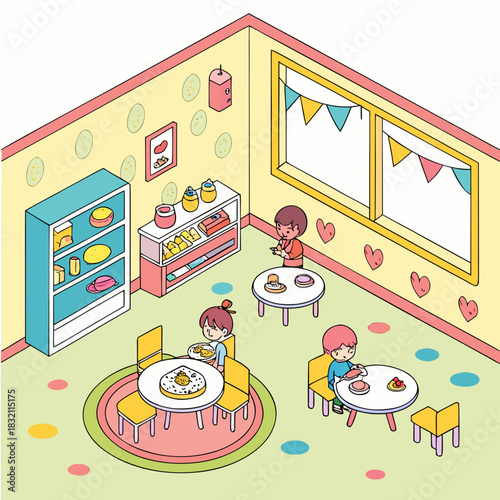 Children enjoying sweet treats and cakes at small tables in a brightly decorated room
