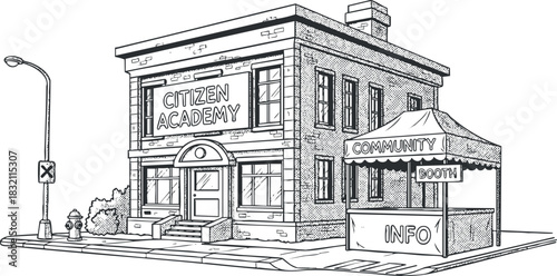 A detailed illustration of a citizen academy building with a community information booth in outline vector style, suitable for educational and civic projects