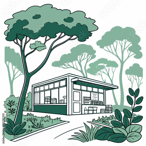 Charming minimalist illustration of a small kiosk or shop nestled amongst lush trees and foliage