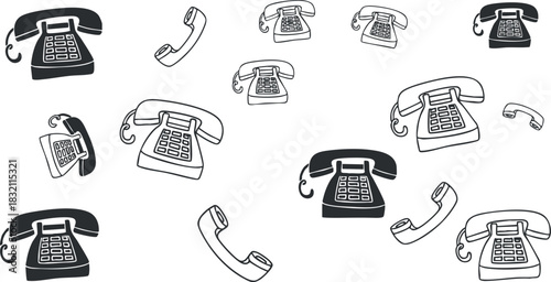 A collection of vintage telephones in black and white minimalist vector style, suitable for communication-themed designs