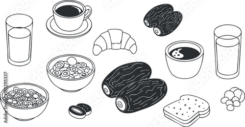 A collection of breakfast items including coffee, croissant, dates, and cereal in black and white outline vector style, perfect for food-related graphics