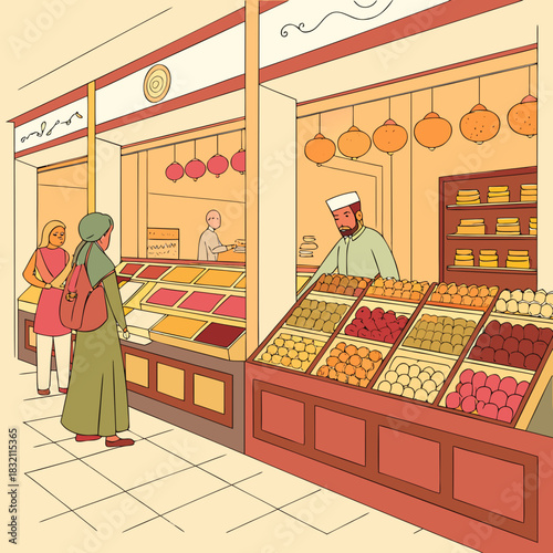 Diverse shoppers browse colorful sweets and fruits at a vibrant middle eastern market stall