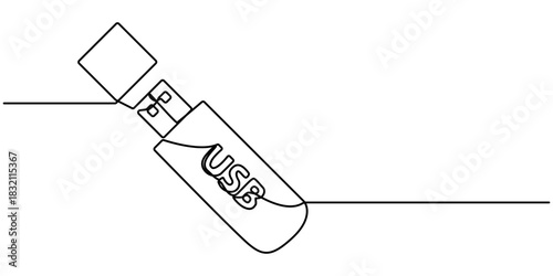  Pen Drive continuous one line drawing,  in minimalist white background, isolated outline illustration. 