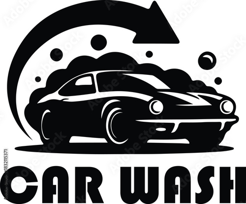 Vintage vehicle is surrounded by soapsuds under an arrow, ready for washing in black