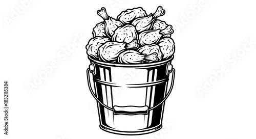 Bucket of chicken vector illustration black and white art