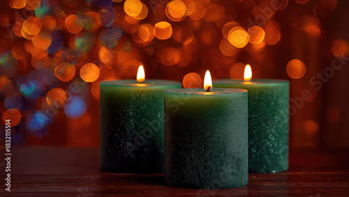 Three green pillar candles glow on a wooden surface. Warm, sparkling orange and blue bokeh lights create a tranquil, festive scene.