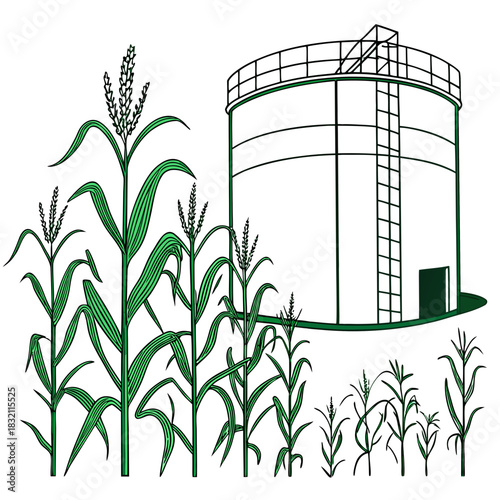 Illustration of corn stalks growing in a field next to a large storage silo or tank