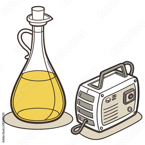 Illustration of a glass bottle filled with yellow liquid next to a portable electrical generator