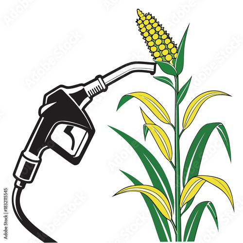 Fuel nozzle connected to a corn stalk symbolizing biofuel and renewable energy sources